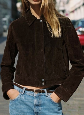 ZA外贸出口女装苏格兰棕磨毛简约风小翻领短款夹克外套8073254