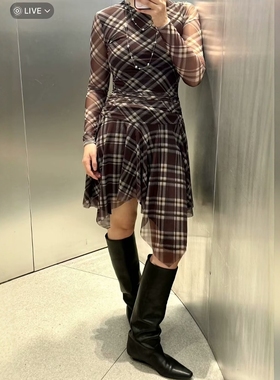 ZA外贸出口女装新品ins风短款修身格子褶皱绢网连衣裙5039845 700