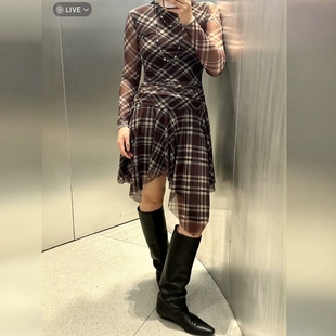 格子褶皱绢网连衣裙5039845 ZA外贸出口女装 修身 ins风短款 700 新品