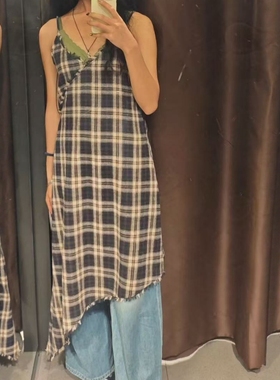 ZA外贸出口女装新款学院风V领不对称格纹吊带连衣裙4772820