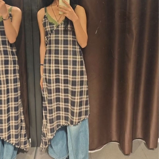 ZA外贸出口女装 学院风V领不对称格纹吊带连衣裙4772820 新款
