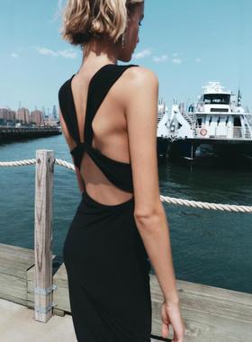 ZA外贸出口秋冬女装法式背部结饰垂褶领无袖迷笛连衣裙1165688