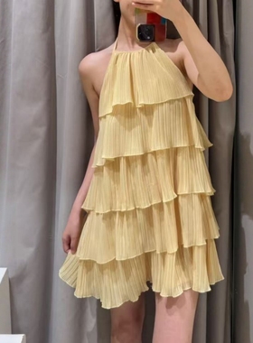 ZA外贸出口女装淡黄色纹理软质挂脖领叠层装饰连衣裙1165452