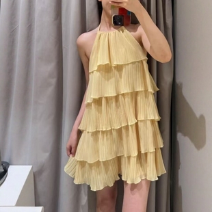 ZA外贸出口女装 饰连衣裙1165452 淡黄色纹理软质挂脖领叠层装