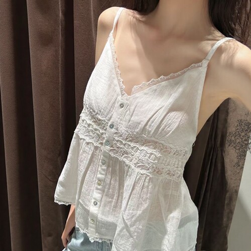 纯棉蕾丝薄纱吊带V领上衣