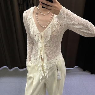 新品 上衣4813802 女装 V领长袖 712 铆钉蕾丝时尚 ZA外贸出口秋季