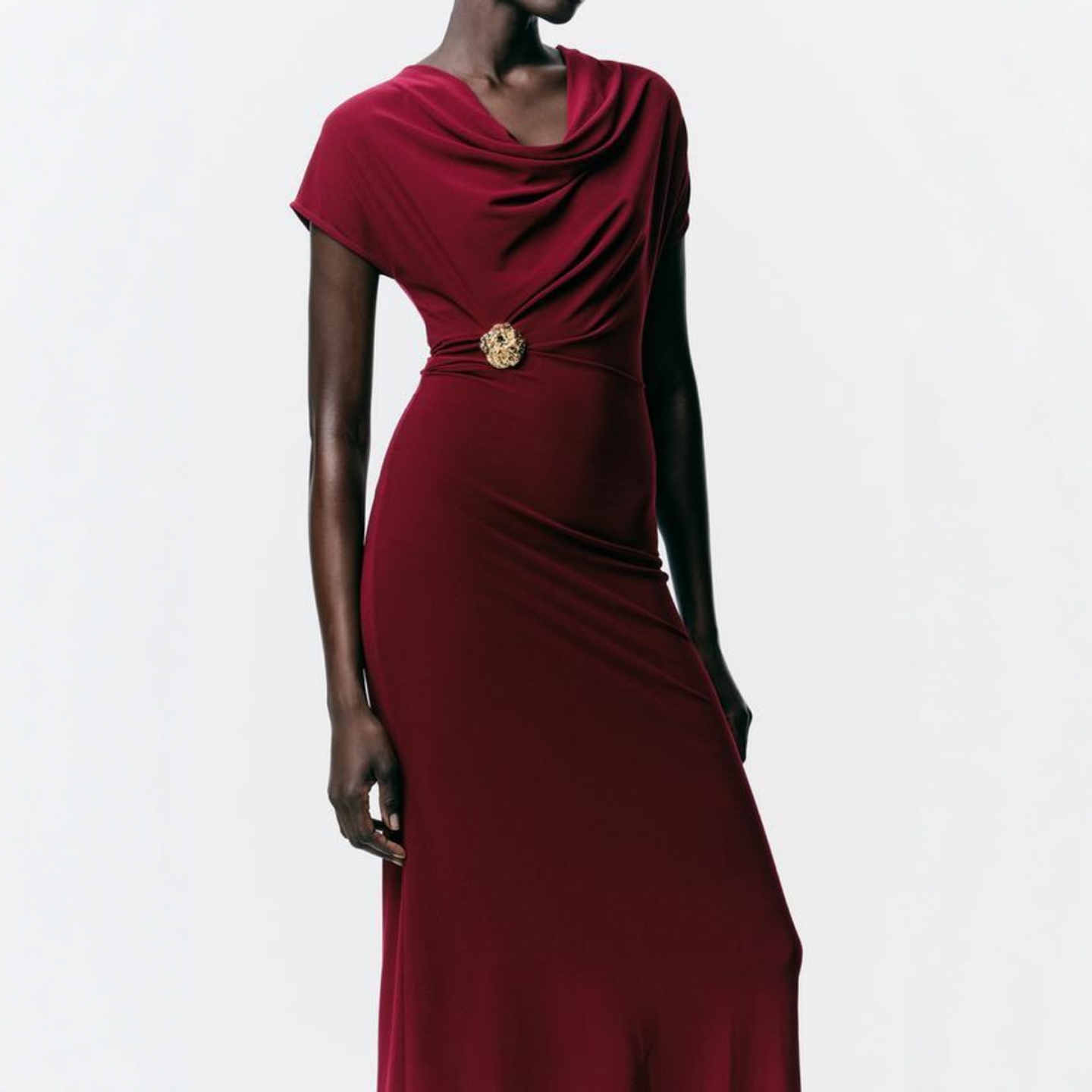 金属纽扣装饰褶皱附料褶皱连衣裙