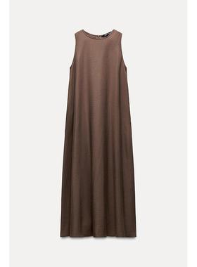 ZA外贸出口秋冬浅咖色休闲宽松圆领无袖长迷笛连衣裙女4661291