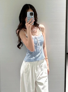 ZA外贸出口夏季内外搭辣妹蓝色格子蝴蝶结修身吊带上衣女3152019
