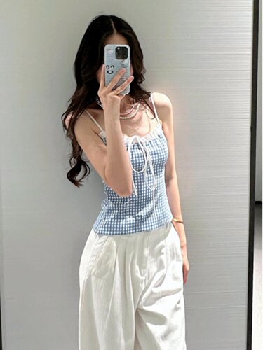 柜货！格子吊带内外搭辣妹上衣