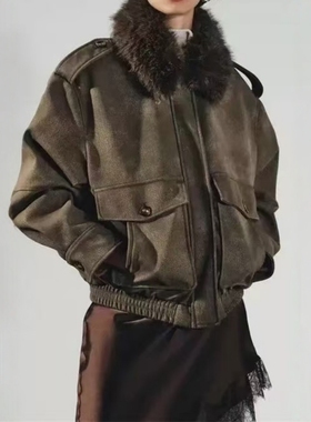 ZA外贸出口女装工业风大口袋翻领反绒皮效果可拆领口夹克 4341785