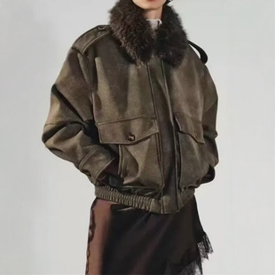 ZA外贸出口女装 4341785 工业风大口袋翻领反绒皮效果可拆领口夹克