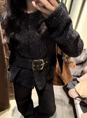 ZA外贸出口女装8372330配腰带通勤小香风收腰纹理西装外套8372430