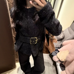 ZA外贸出口女装 外套8372430 8372330配腰带通勤小香风收腰纹理西装