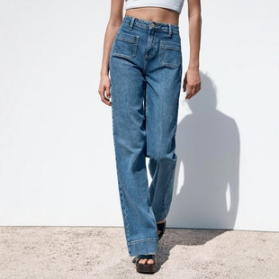 6164107 复古贴袋饰高腰微喇软质牛仔裤 427 美式 ZA外贸出口女装