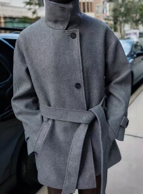 ZA外贸出口女装休闲高级灰双层领口配腰带软质大衣外套 8073281