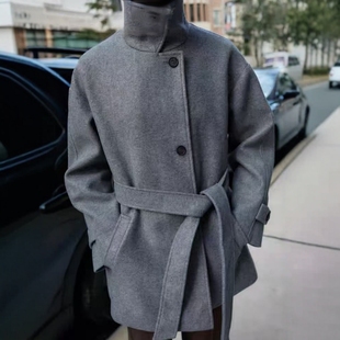 ZA外贸出口女装 8073281 休闲高级灰双层领口配腰带软质大衣外套