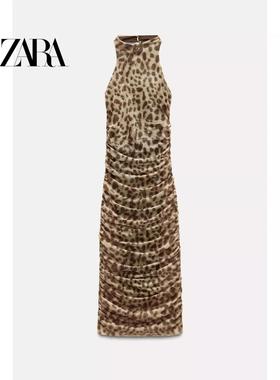 ZA外贸出口秋季性感挂脖领露背豹纹褶皱绢网长款连衣裙女5039813