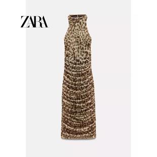 ZA外贸出口秋季 连衣裙女5039813 性感挂脖领露背豹纹褶皱绢网长款