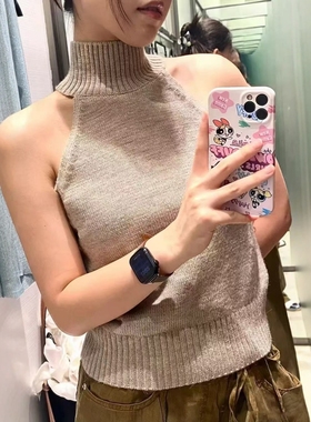 ZA外贸出口女装法式短款纯色修身挂脖领露肩针织上衣 6771138 737