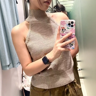 法式 6771138 短款 挂脖领露肩针织上衣 737 纯色修身 ZA外贸出口女装