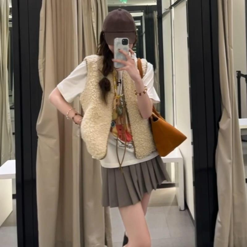 ZA外贸出口秋冬新款女装休闲蝴蝶结短款羊羔绒毛背心马甲3046534