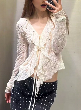 ZA外贸出口女装V领系带收腰设计铆钉蕾丝上衣4813802 712