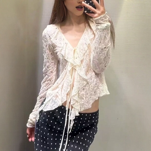 ZA外贸出口女装 712 V领系带收腰设计铆钉蕾丝上衣4813802