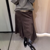 ZA外贸出口女装 美式 复古不对称绒面皮革效果迷笛半身裙4391556700