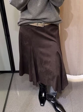 ZA外贸出口女装美式复古不对称绒面皮革效果迷笛半身裙4391556700