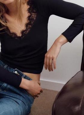 ZA外贸出口新品多色选深V轻薄款蕾丝饰棉质罗纹T恤上衣女5644314