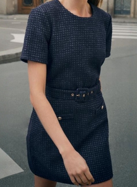 ZA外贸出口女装纹理棉学院风小圆领配腰带结构感连衣裙 8779649