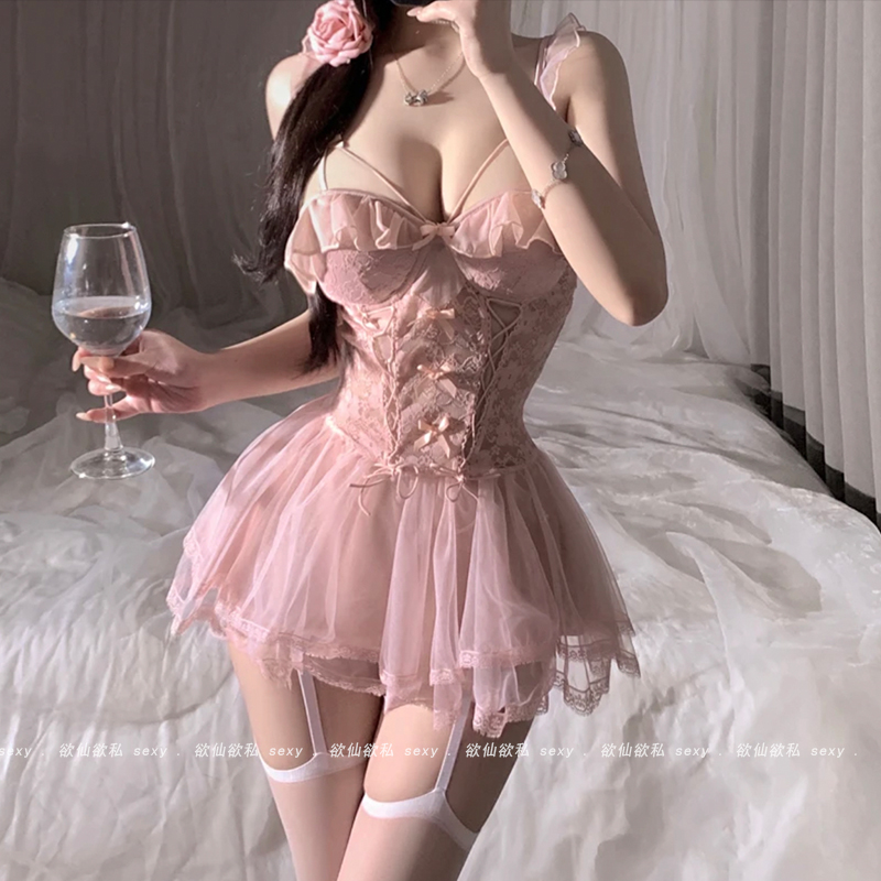 性感睡衣情调睡裙带胸垫小胸显大聚拢内衣粉色大码q趣制服qqny