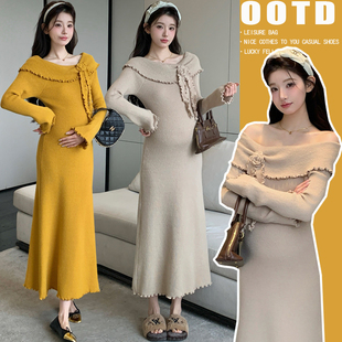 气质木耳边辣妈裙子中长款 孕妇装 一字肩针织连衣裙修身 法式 冬 秋季