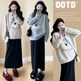 卡通毛衣套装 时尚 遮肚显瘦宽松上衣托腹半身裙两件套 秋冬季 孕妇装