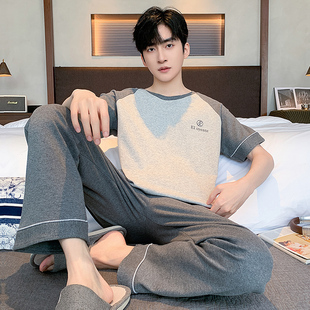 2026年新款男士睡衣夏季纯棉短袖长裤可外穿青年薄款棉家居服套装
