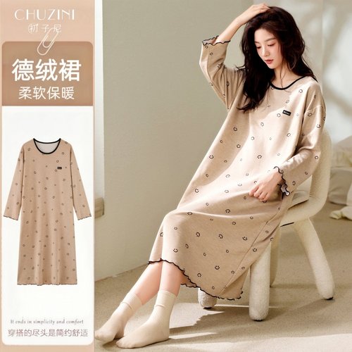 初子尼女士秋冬季德绒长袖连衣裙