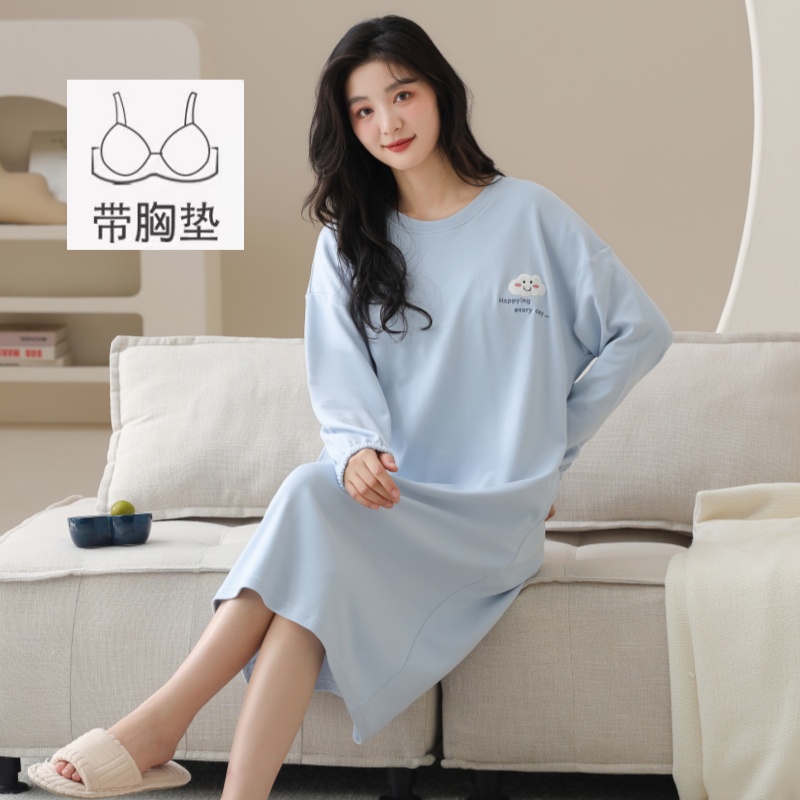 女棉带胸垫可外穿春秋睡裙