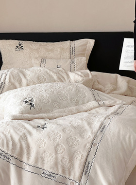 高档立体牛奶绒四件套韩式拼边刺绣冬季加绒被套加厚保暖被套床品