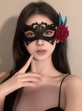 黑色花朵兔面具蕾丝眼罩万圣节化妆舞会cos道具派对遮脸个性面罩
