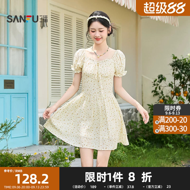 三福连衣裙2026夏季泡泡袖绑带碎花收腰清新裙子女装522021图片