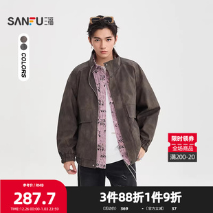 蜡染PU皮衣夹克 满版 潮酷大口袋外套510052 男士 三福2025冬季