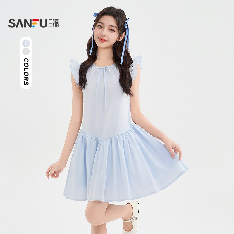 三福收腰连衣裙2025夏季蝴蝶结小飞袖后背绑带宽松裙子女装841940