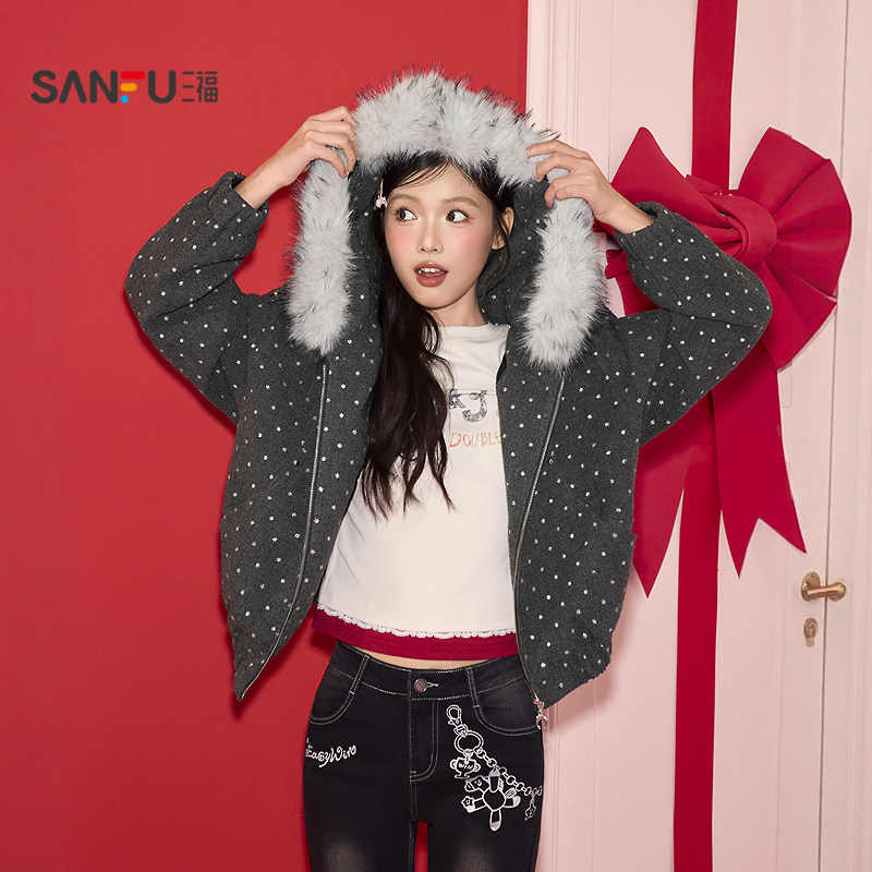 三福厚外套2026春季毛绒连帽满版星星宽松上衣女装518131,女装/女士精品,短外套,淘宝优惠券,粉丝福利购,淘宝优惠卷