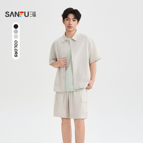三福2026夏季男士拼格套装 都市休闲翻领大口袋上衣裤子523830