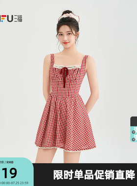 三福连衣裙2026夏季绑带蕾丝领口格子花边吊带裙女装525764