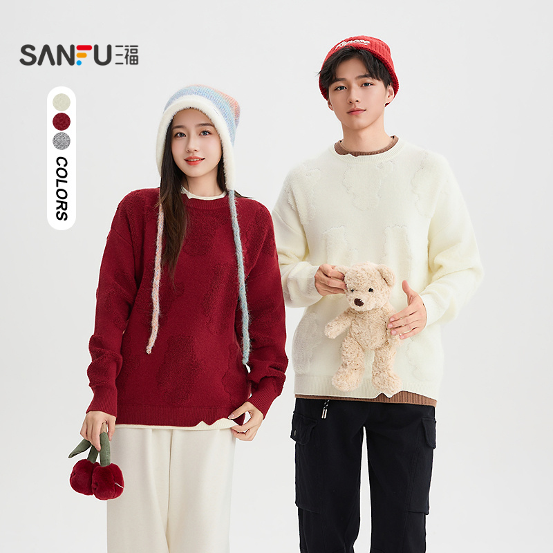 三福2025冬季男士假两件小熊提花毛衣 休闲微落圆领上衣511623