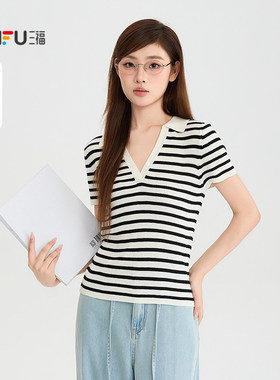 三福毛衫2026夏季小标装饰简约V字翻领合身上衣女装528740