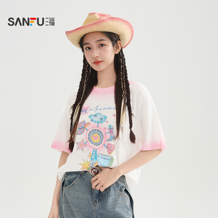 三福短T恤2026夏季搞怪摩天轮图案渐变晕染上衣女装520280
