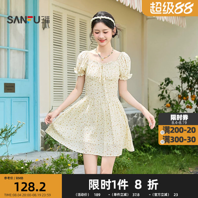 三福连衣裙2026夏季泡泡袖绑带碎花收腰清新裙子女装522021
